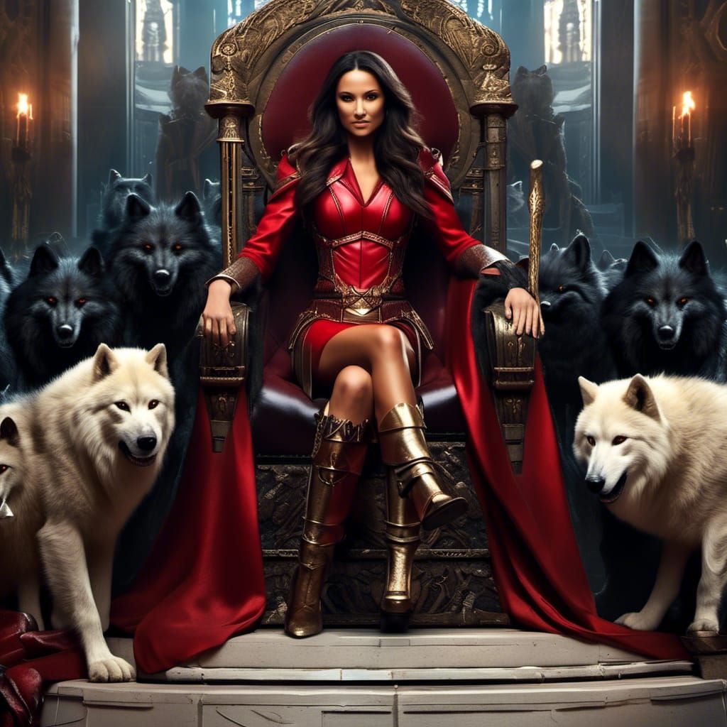 Talia Al Ghul on Throne with Wolves