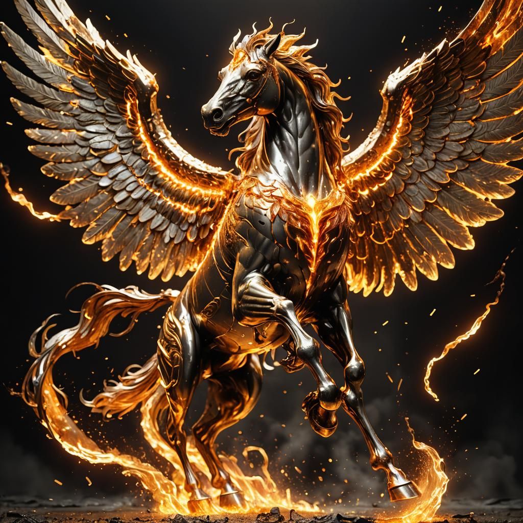 Golden Molten Pegasus Soaring in Dramatic Light