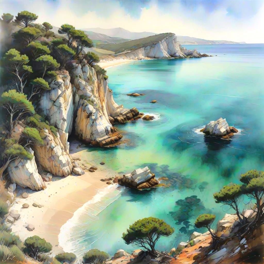 Secluded Sardinian Cove in Watercolour Style