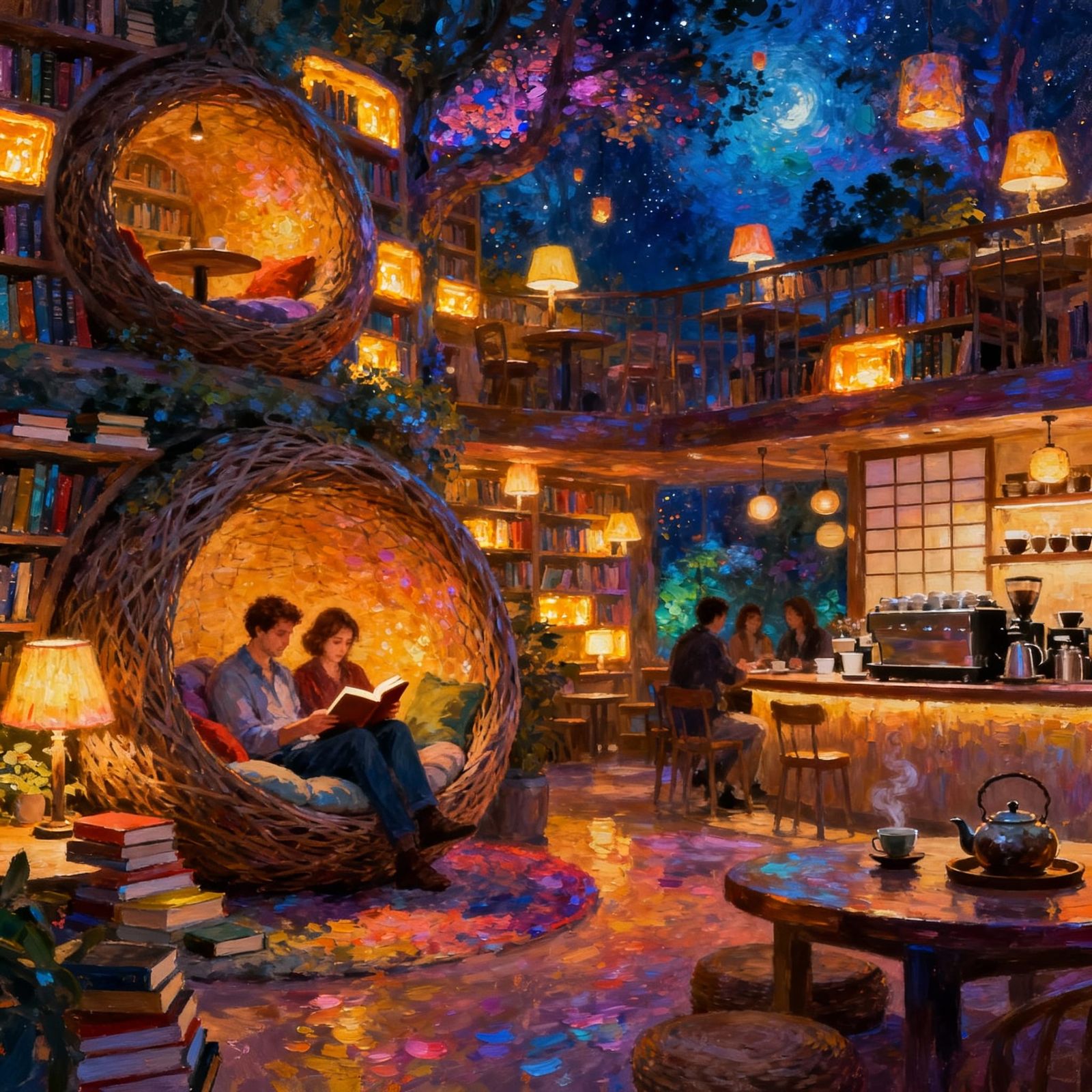 Magical Nocturnal Book Cafe with Cozy Reading Nooks