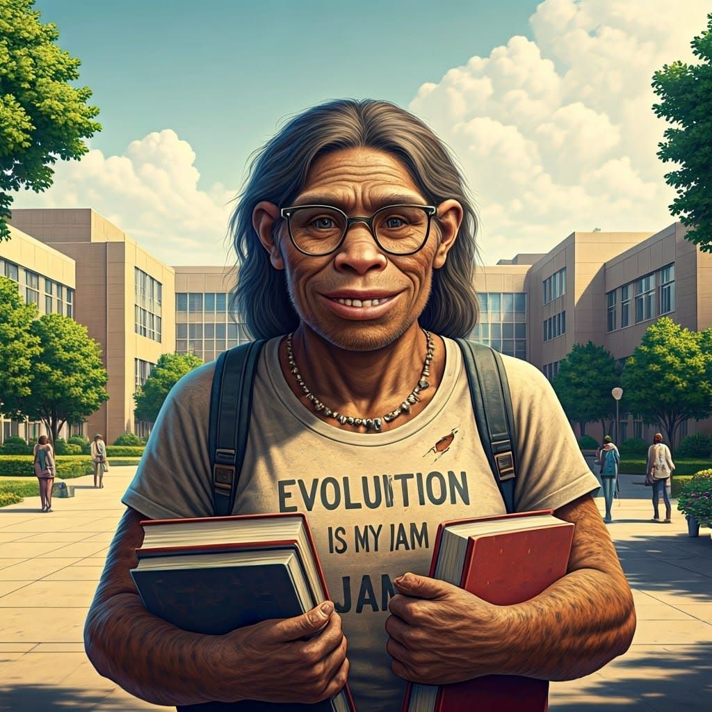 Neanderthal Scholar Surrounded by Modern Campus