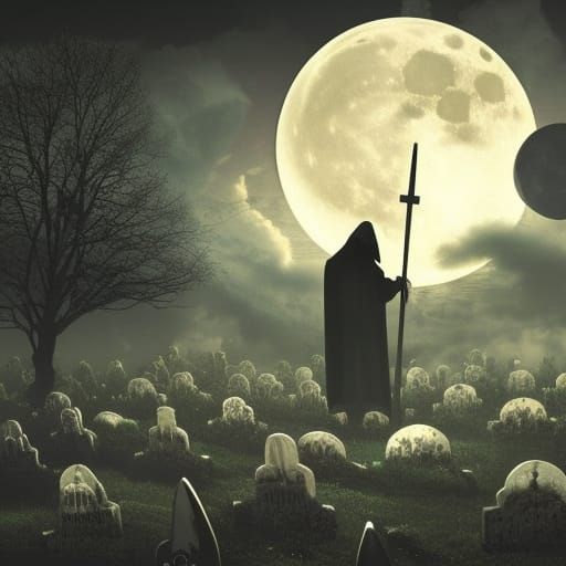 Grim Reaper in Moonlit Graveyard Epic Digital Painting