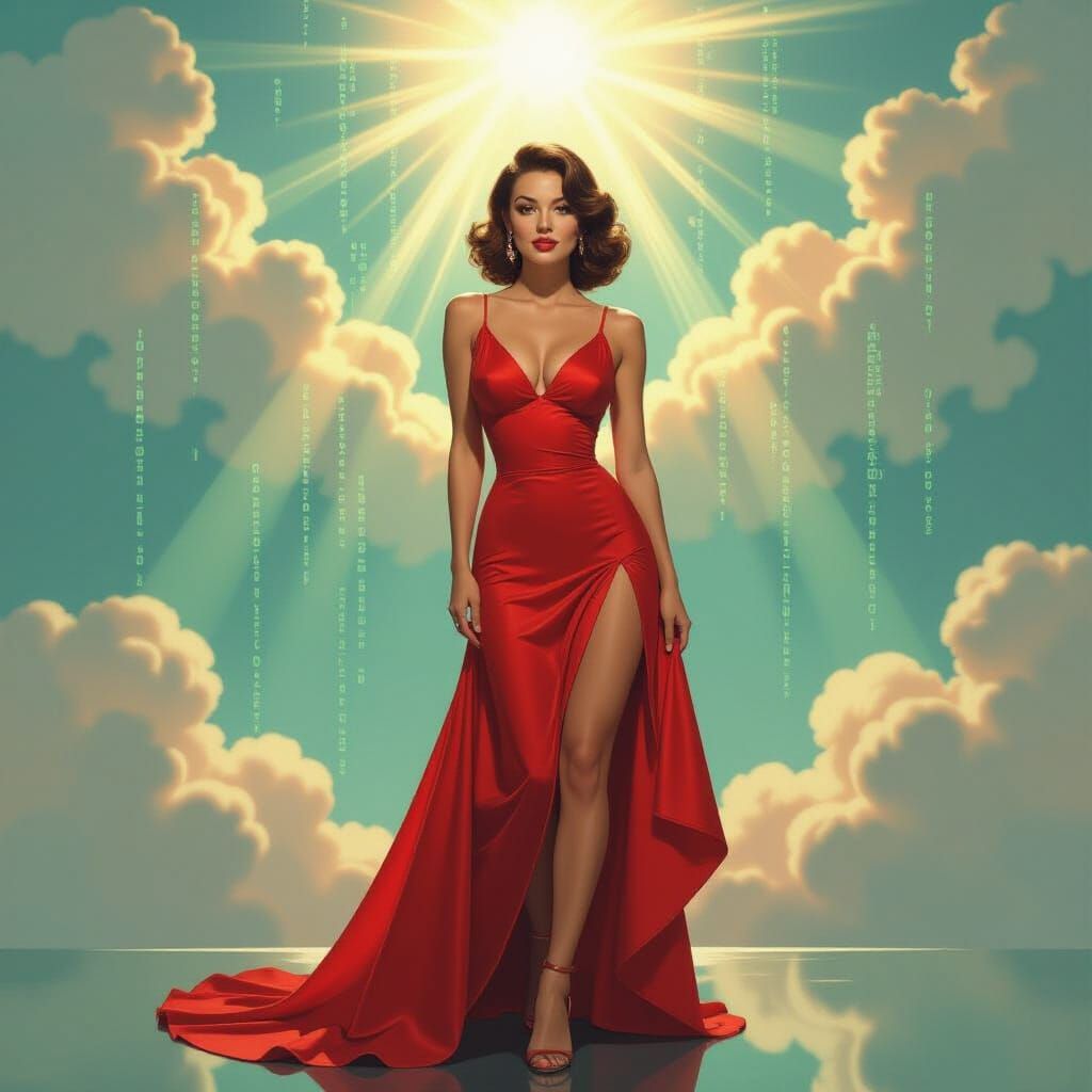 Pin-Up Girl in Matrix Code Overlay, in Impressionist Style