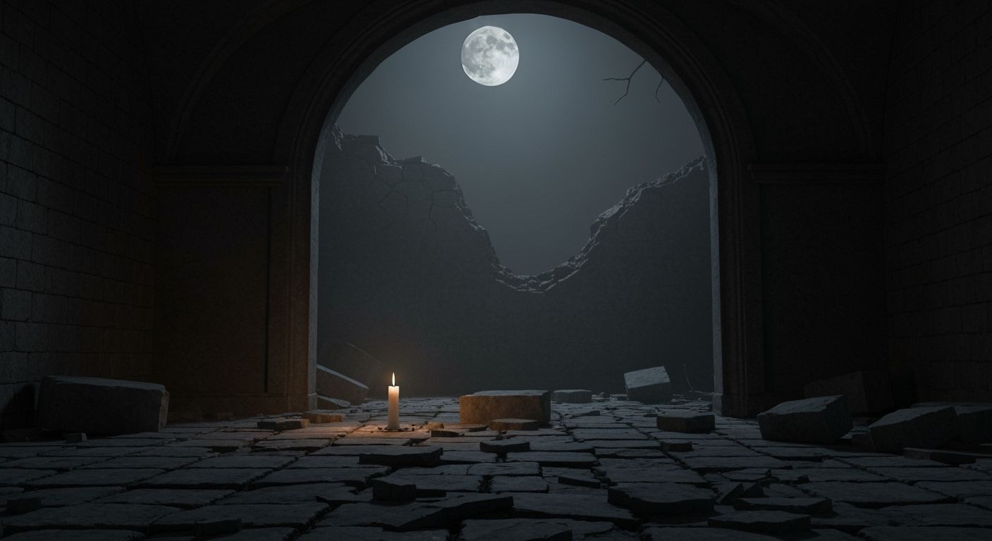 Ethereal Moonlight Illuminates Candle in Gothic Ruins