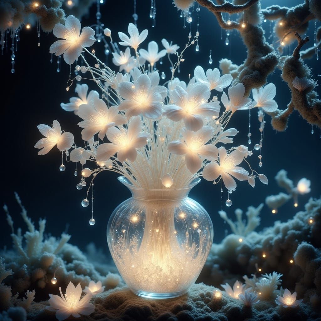 Ethereal Vase with Luminous Flowers and Fairy Lights