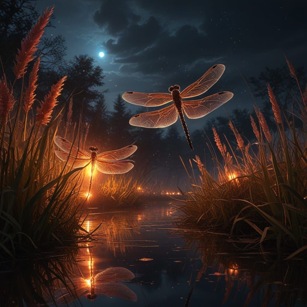 Fiery Dragonflies Over Glowing Reeds Digital Painting