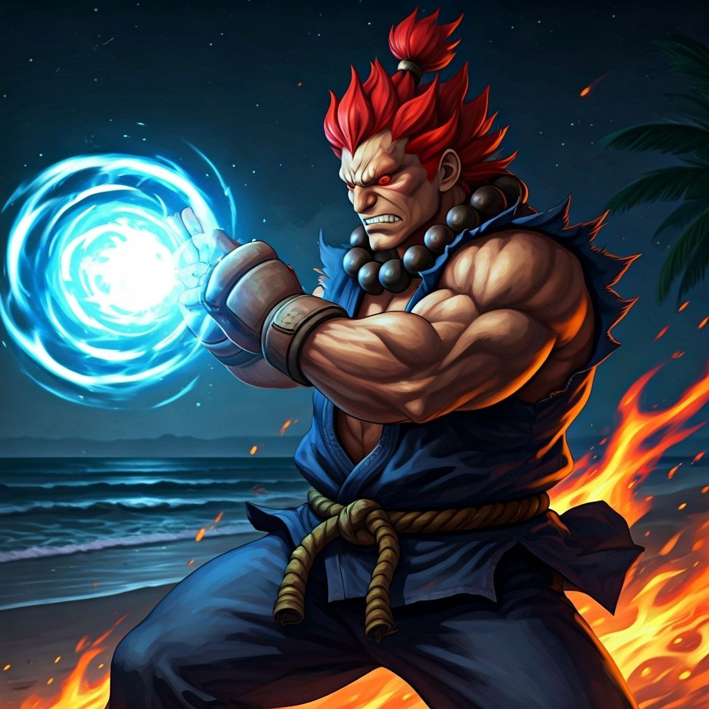 Akuma Unleashes Fiery Blue Hadouken on Night Beach