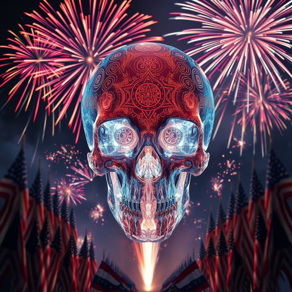 Crystal Skull Illuminated by Fireworks Amidst Patriotic Deco...