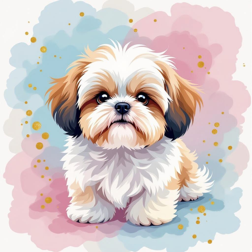 Fluffy Shih Tzu Portrait in Watercolor Style
