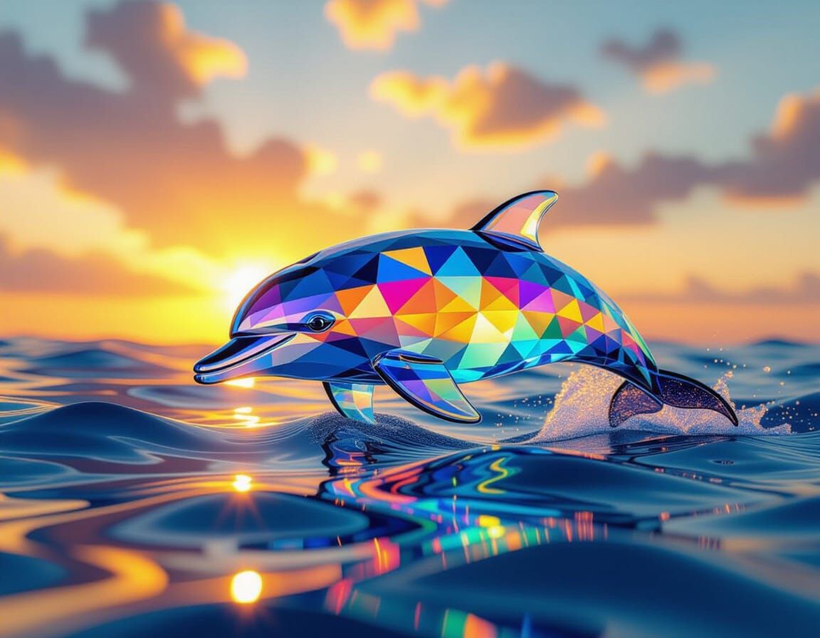 : A colossal transparent, glass prism dolphin, its intricate fractal-encrusted body shimmering with refracted light bend...