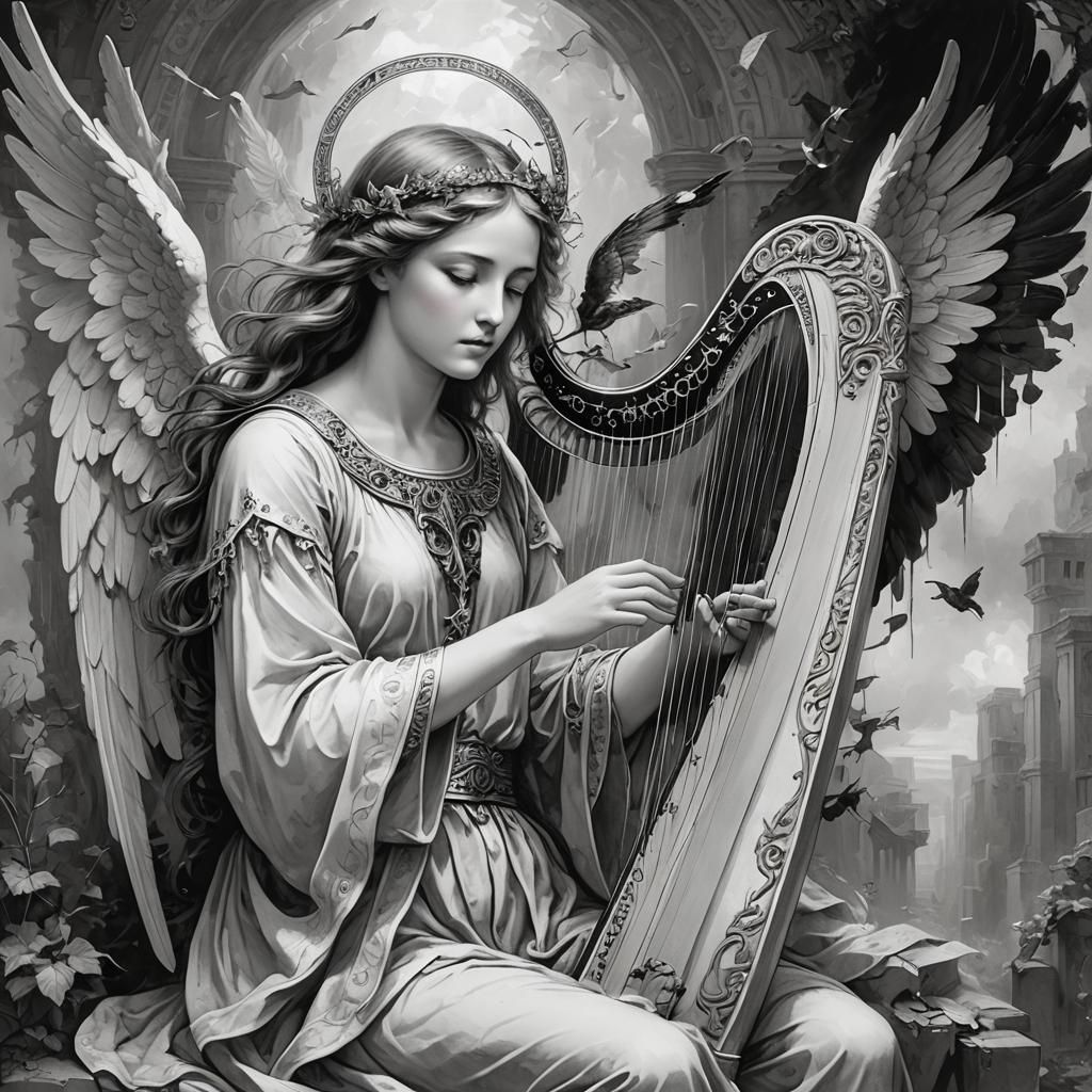 Oracle and Angel Wing Harp in Black and White