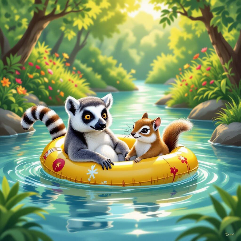 Lemur and Chipmunk in Lazy River, Storybook Style