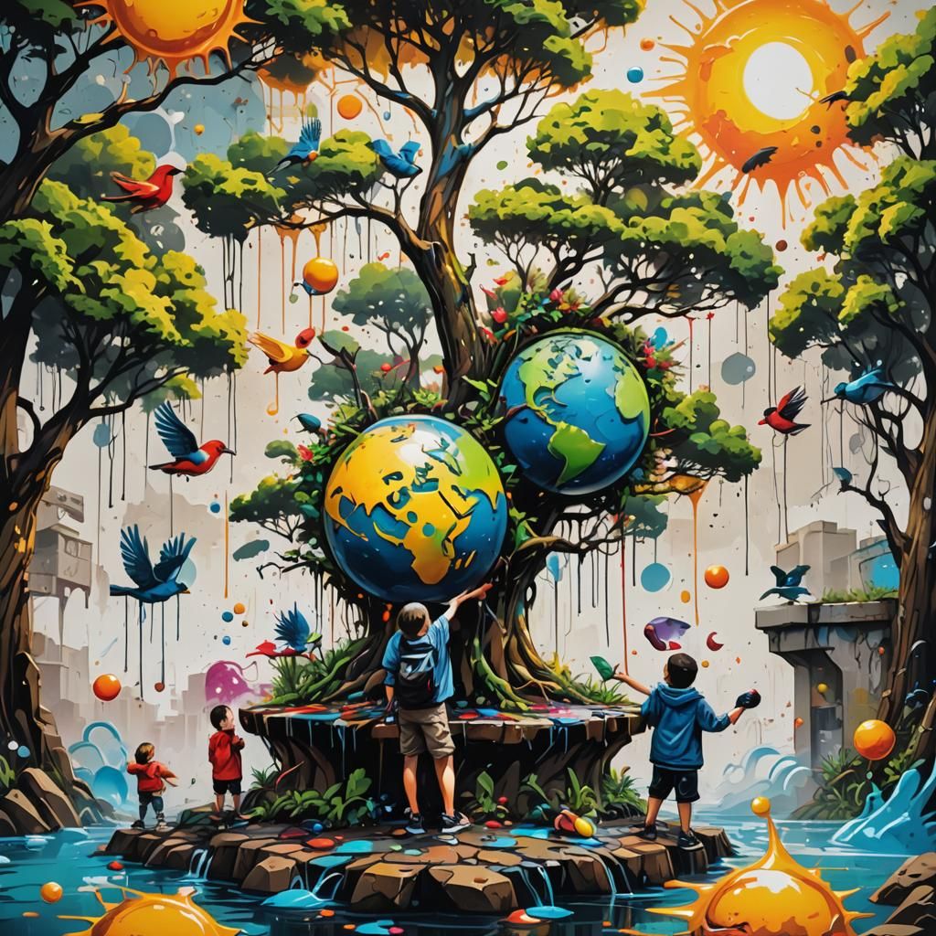 Children with Earth: Graffiti Art with Polychromatic Details