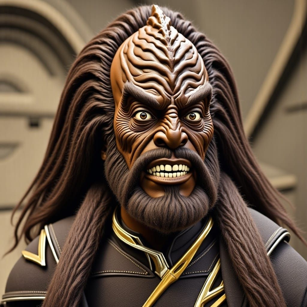 A Klingon soft cloth stuffed toy, wearing a gold baldric and with a warrior smile. <lora:Klingons flux:1.0>