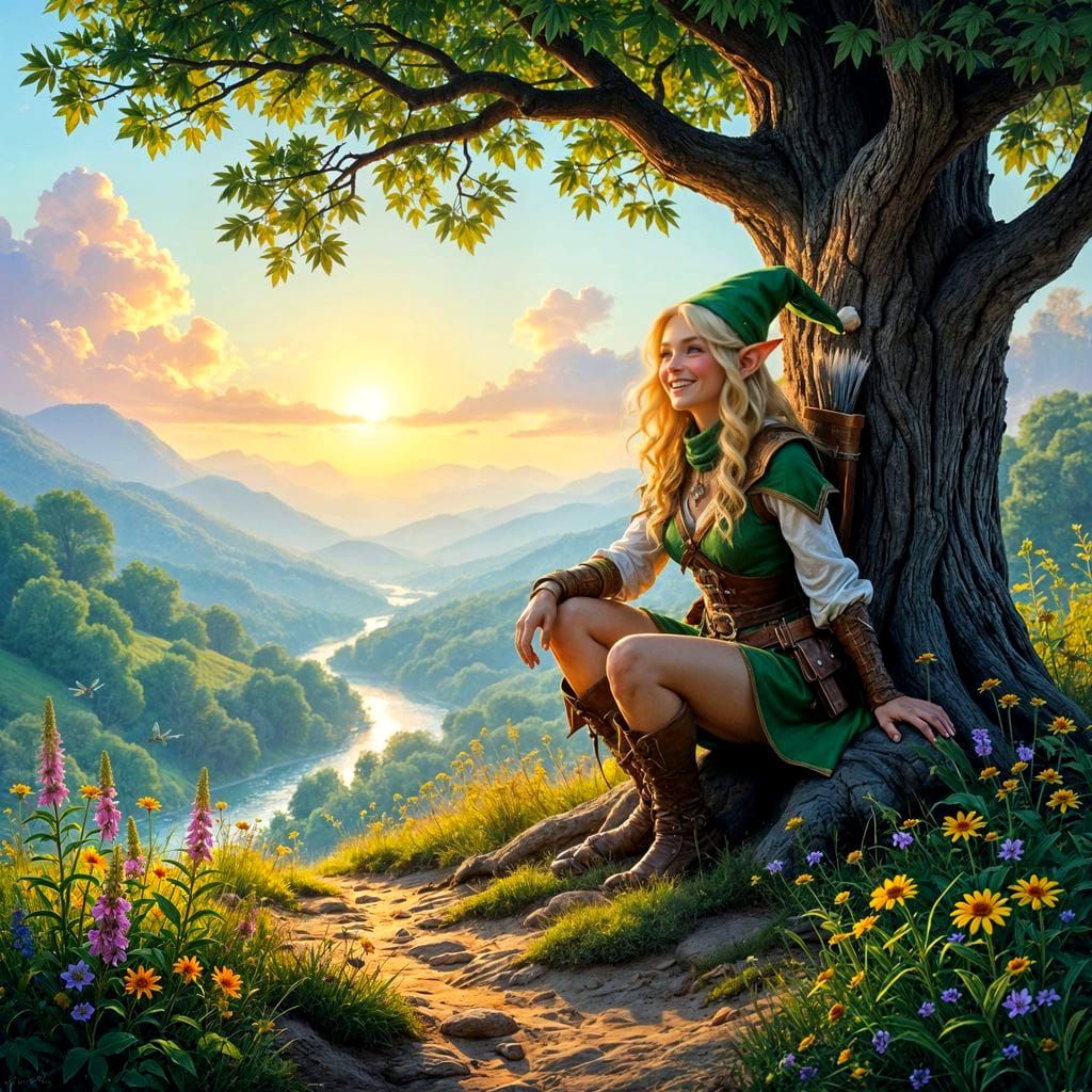 Ethereal Oak Forest Scene with Elf in Acrylic Style