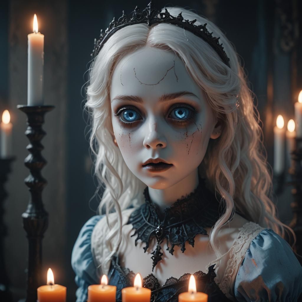 Eerie Pale Doll in Gothic Horror Scene