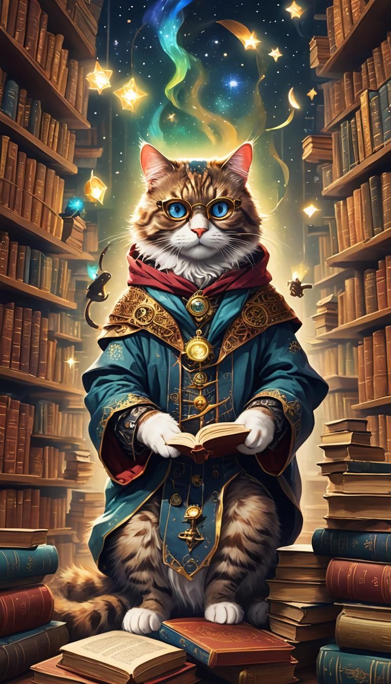 Interdimensional Librarian Cat in Enchanting Fantasy Style