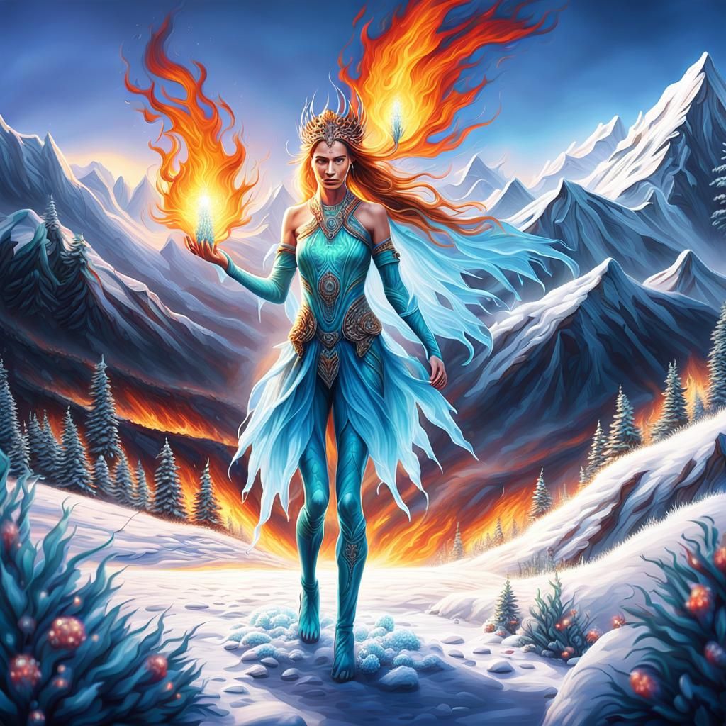 Flaming Maiden in Frozen Tundra: Digital Art
