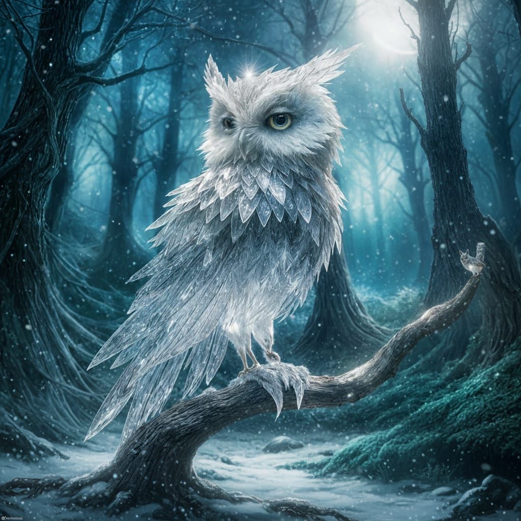 Glass Fox-Owl Perched on Crystal Branch