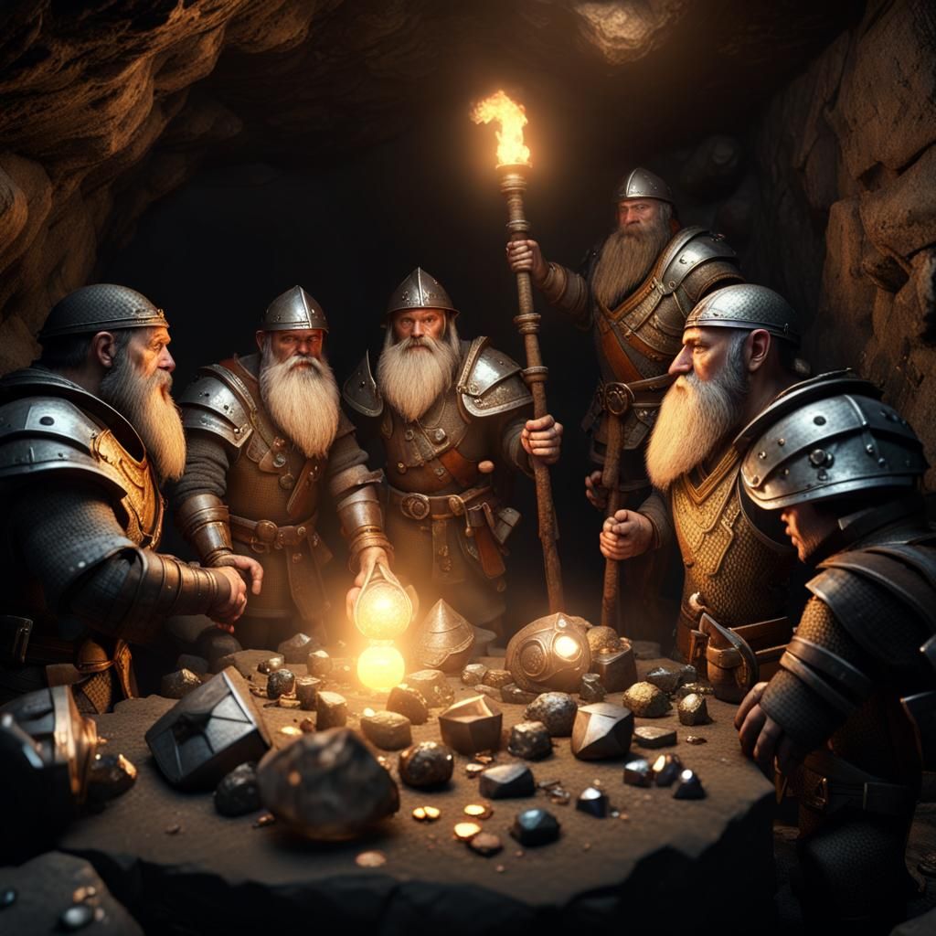 Dwarf Miners Exploring a Glowing Gem Mine