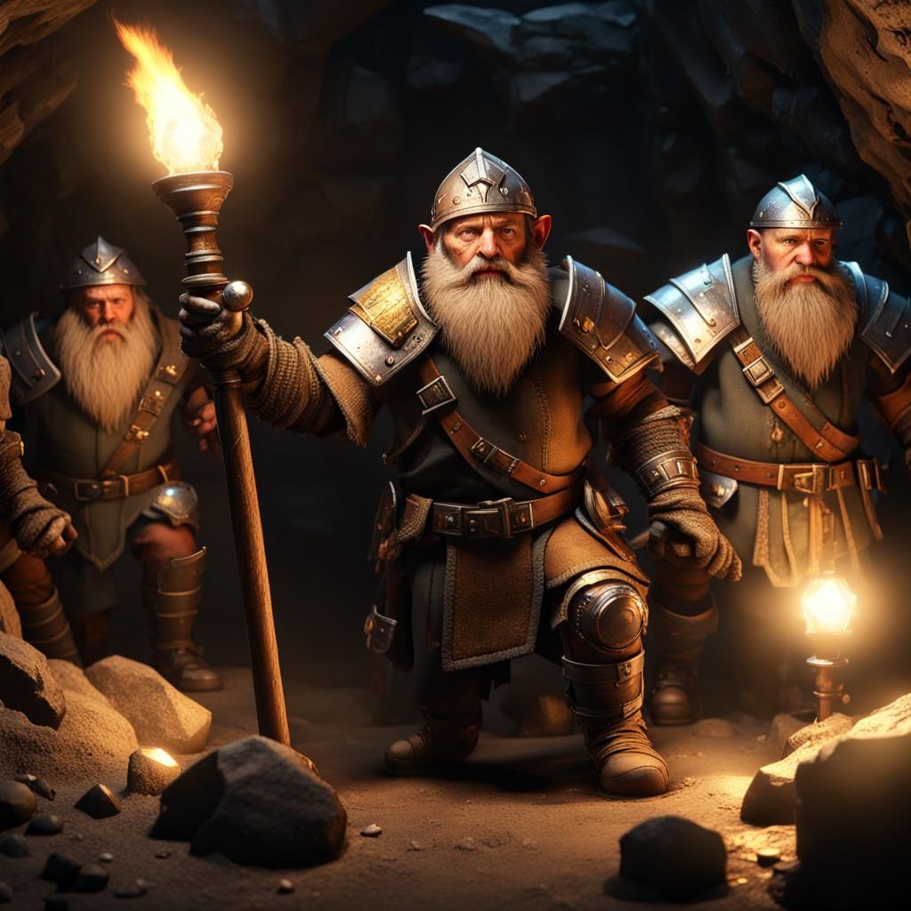 Dwarven Miners Explore Gem-Filled Cave