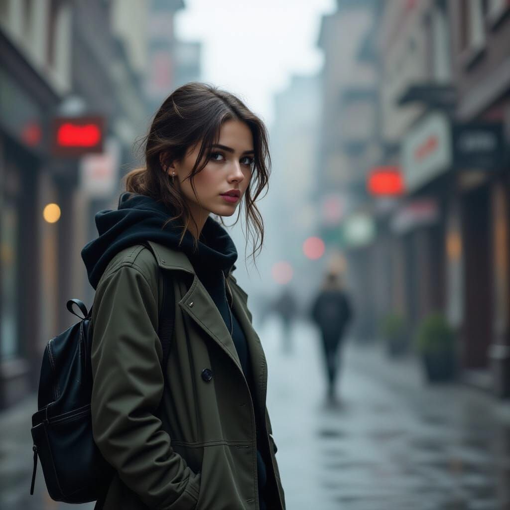 Lonely Woman in Moody Urban Setting