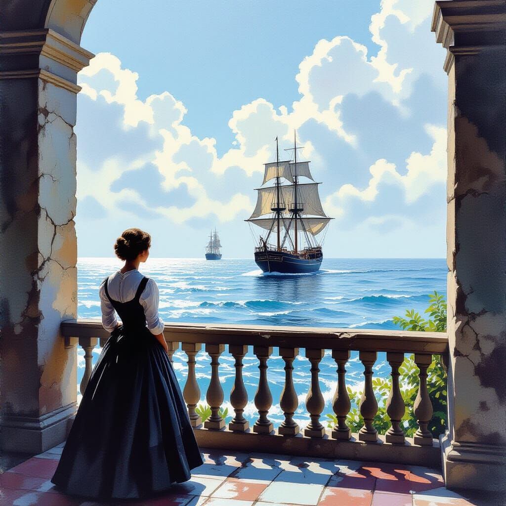Woman Awaiting Ship on Ocean Shore in Gouache Style