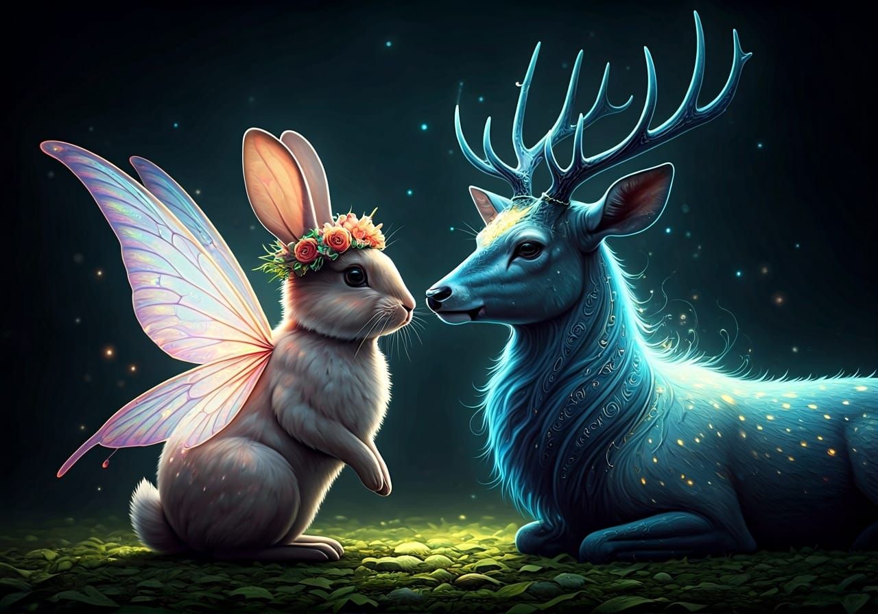 Fairy Rabbit and Mystical Deer Encounter