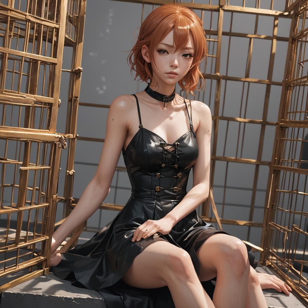 Asian Girl in Cage: Detailed 3D Anime Art