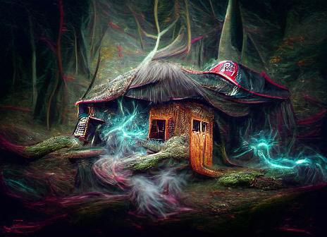Mystical Wizard's Hut in Dark Forest, Digital Illustration