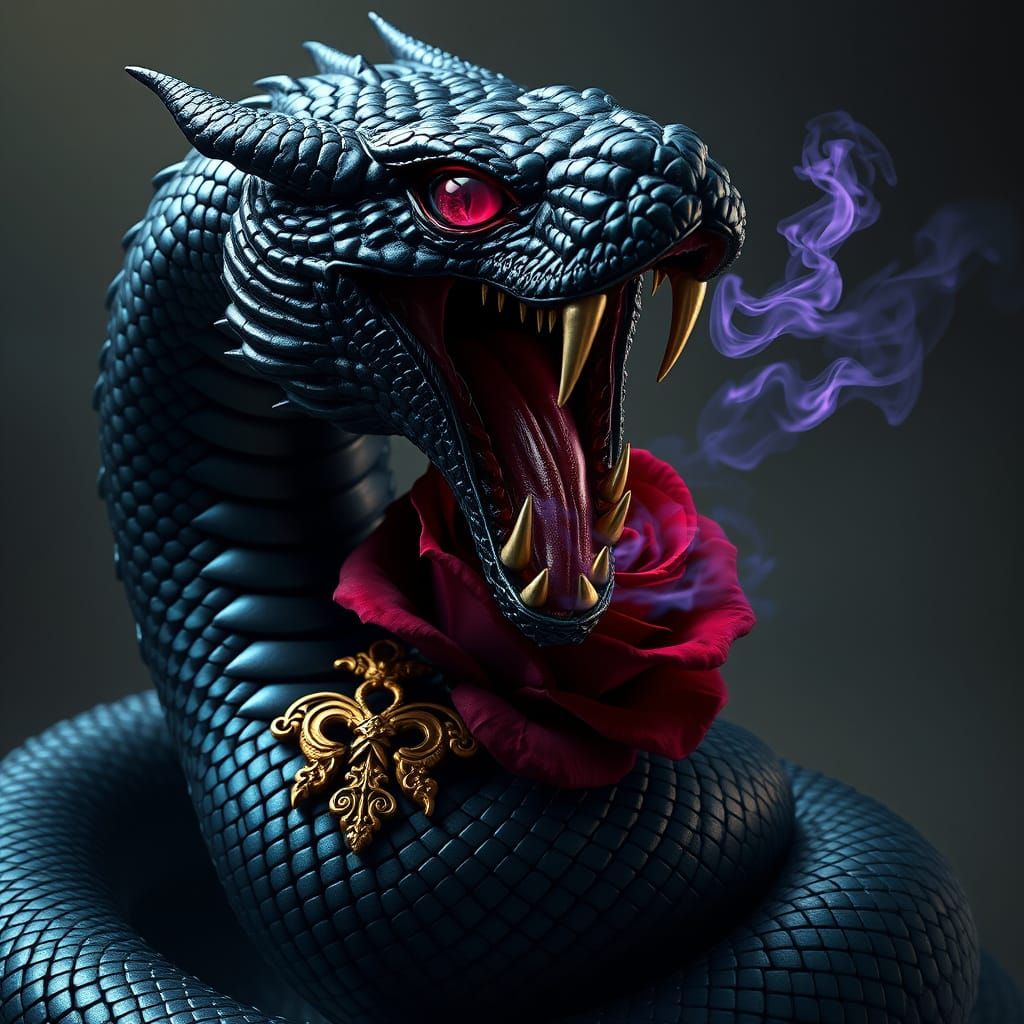 Majestic Black Serpent Coils Around a Velvet Red Rose, Eyes ...