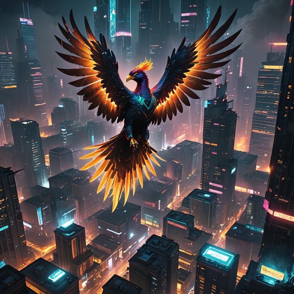 Cyberpunk Phoenix Soaring Through Neon Cityscape