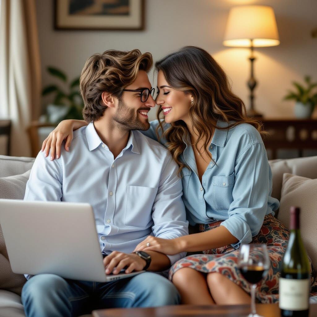 Romantic Kiss in Cozy Apartment, Photorealistic Illustration