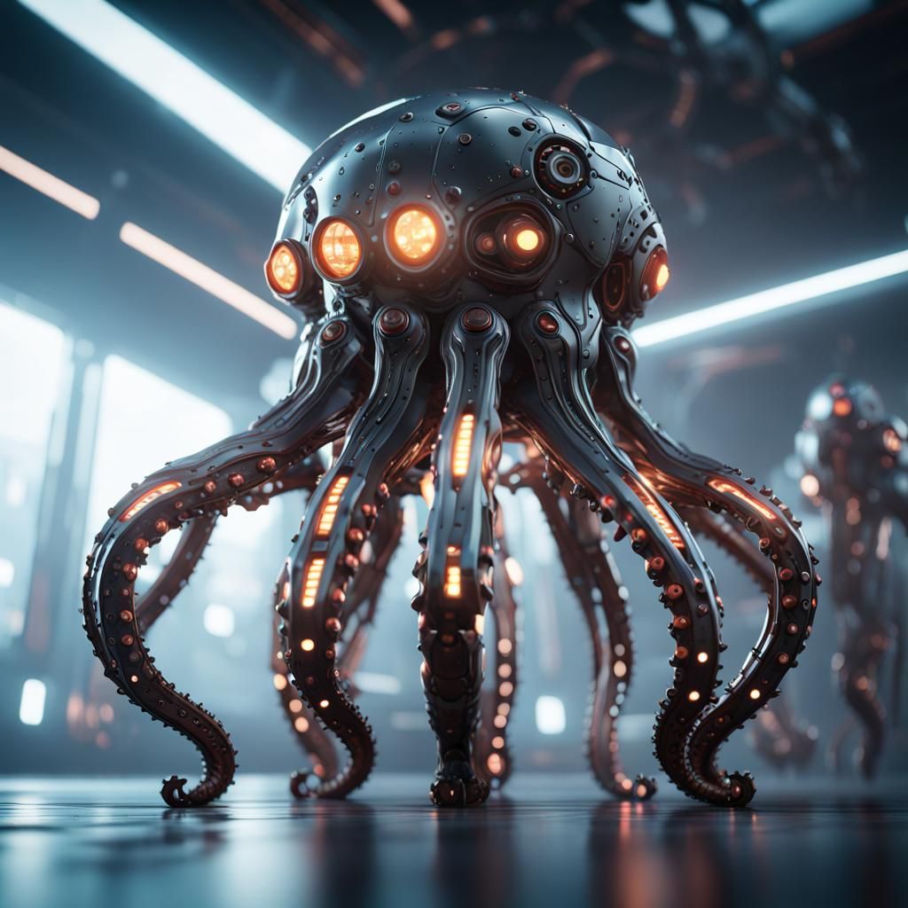 Futuristic Cyborg Octopus with LED Lights in Sci-Fi Style