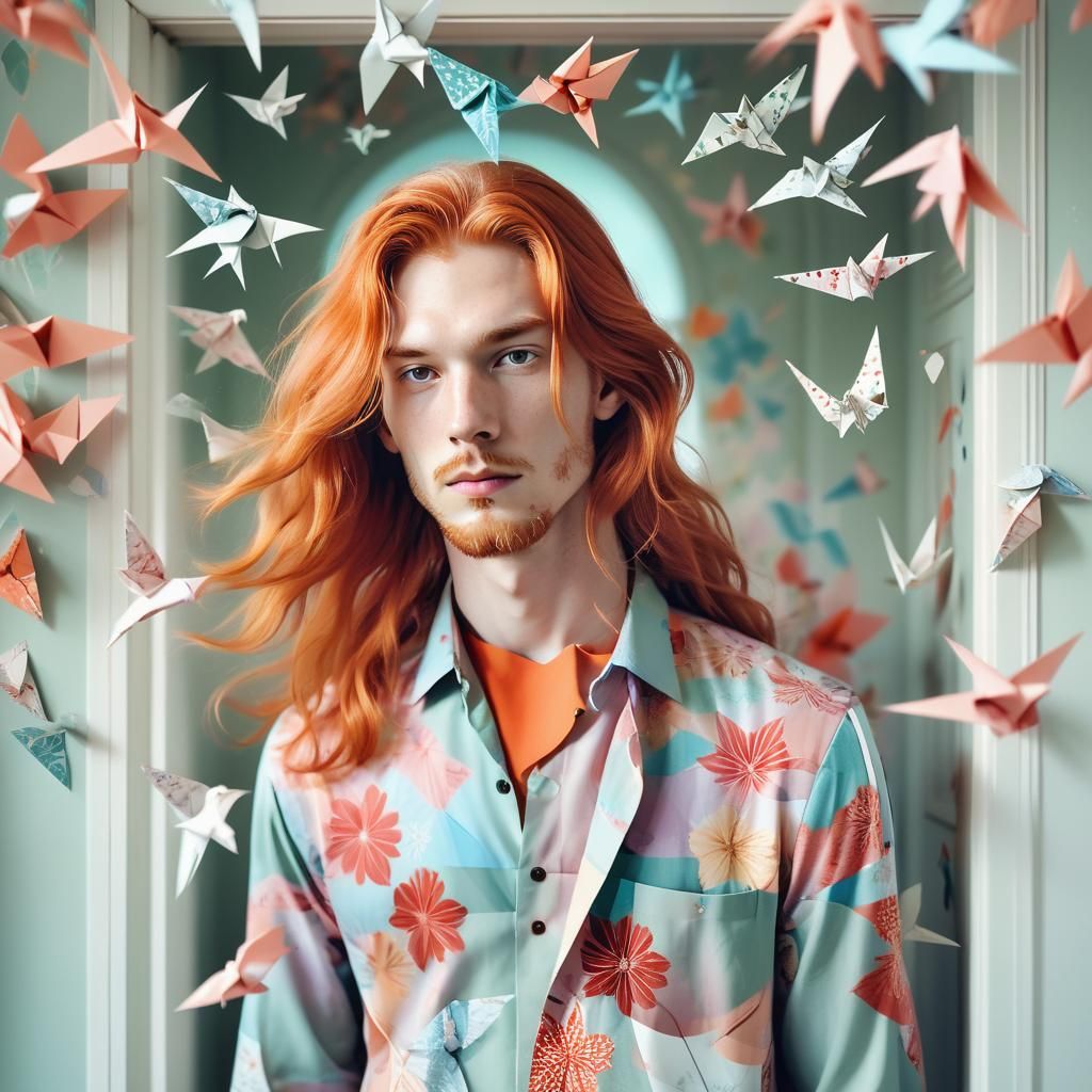 Minimalist Portrait with Origami Birds in Watercolor Style