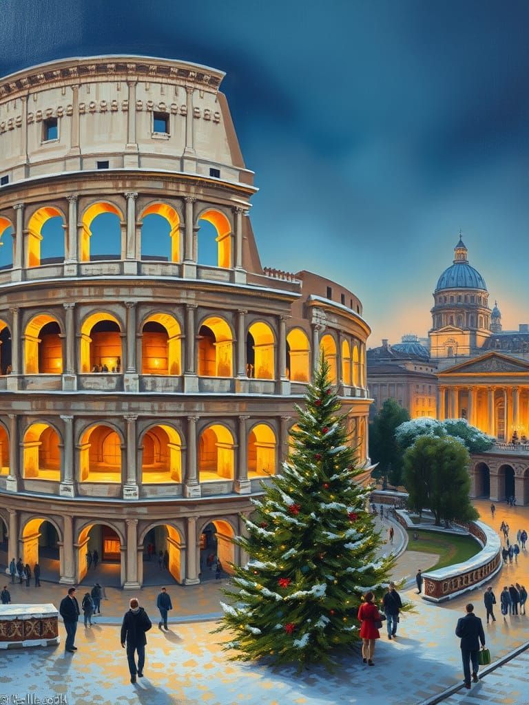 Impressionist Oil Painting of Colosseum at Christmas Evening