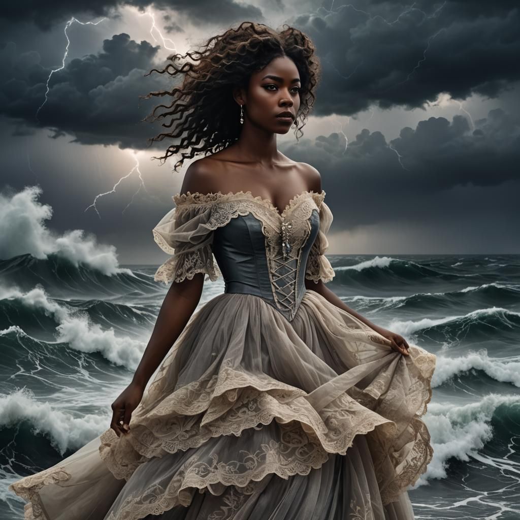 Victorian Woman at Stormy Sea: Pre-Raphaelite Digital Art