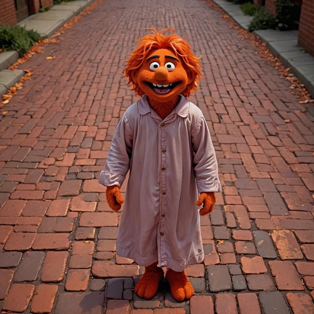 Friendly Orange Boy in Nightgown on Brick Road