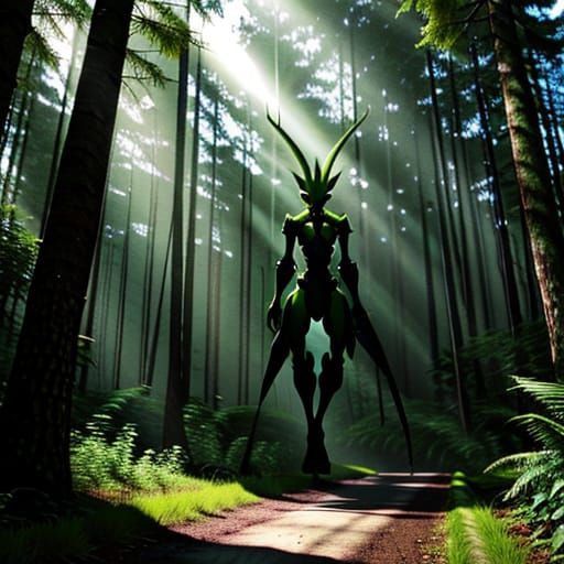 Ethereal Mantis Alien Embarks on a Forest Odyssey in Vibrant...