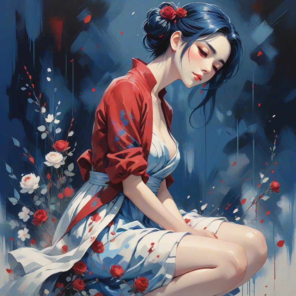 Anime-Inspired Goddess with Dreamy Expression and Vibrant Bl...