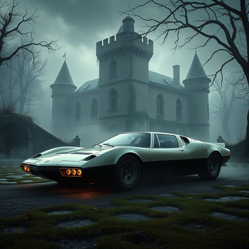 Ethereal French Hypercar Concept outside Medieval Castle