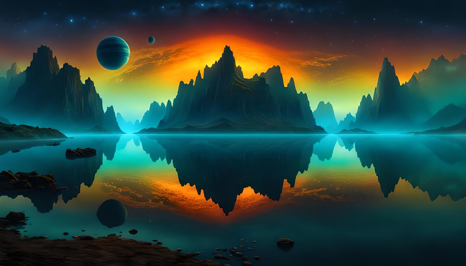 Cosmic Alignment Reflecting on Lake, Surreal Art