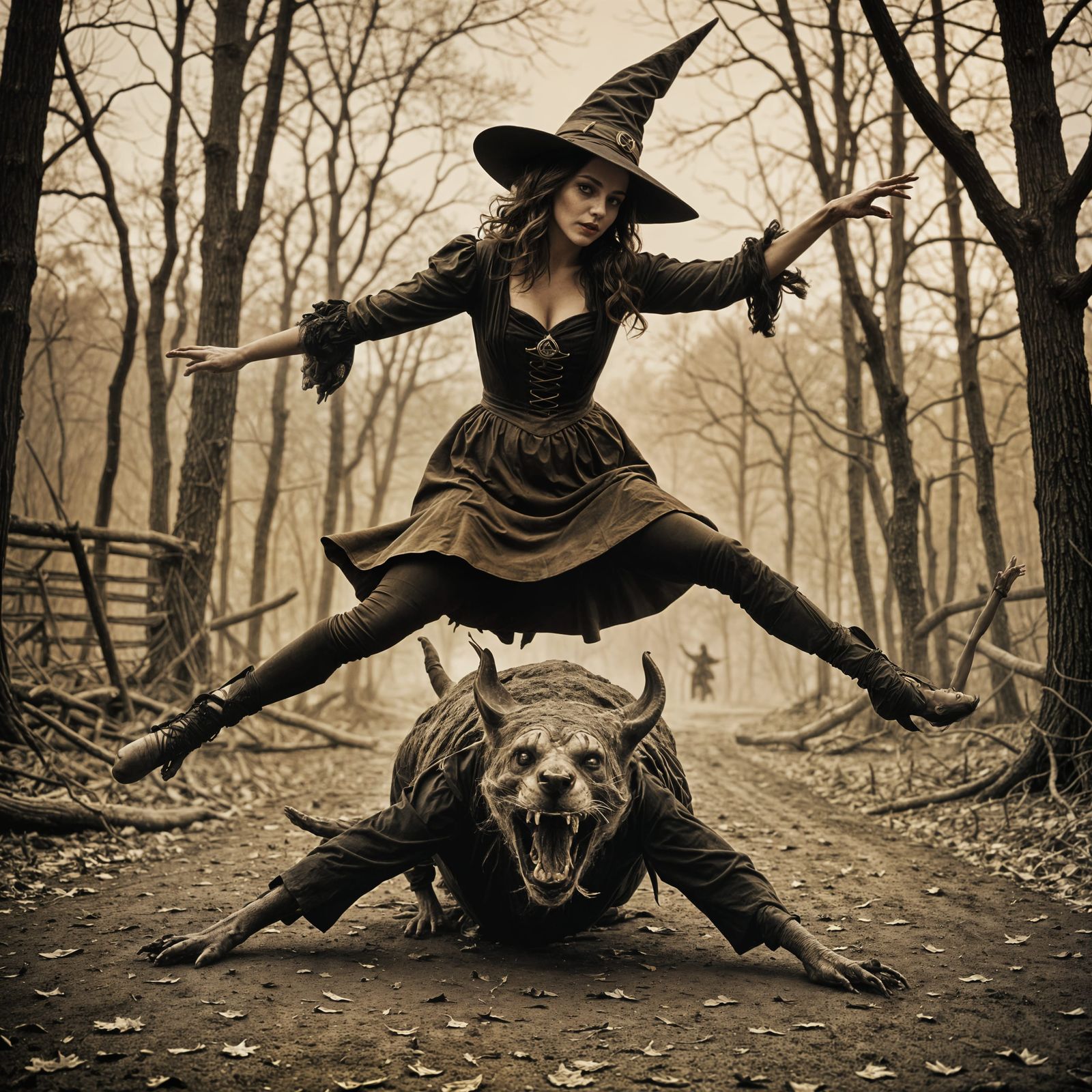 Dancing Witch Contortionist in Vintage Sepia Photo