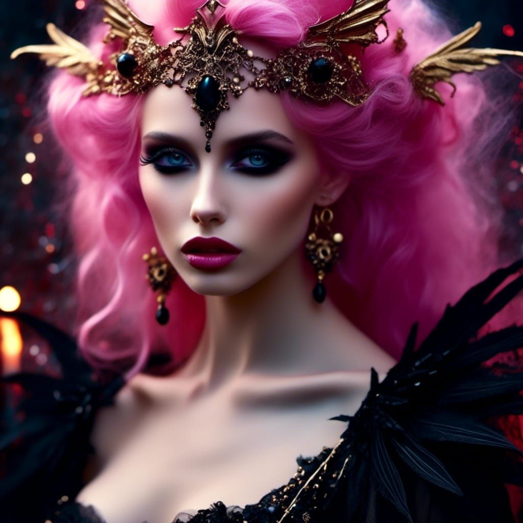 Gothic Fairy Portrait with Pink Hair in Royo Style