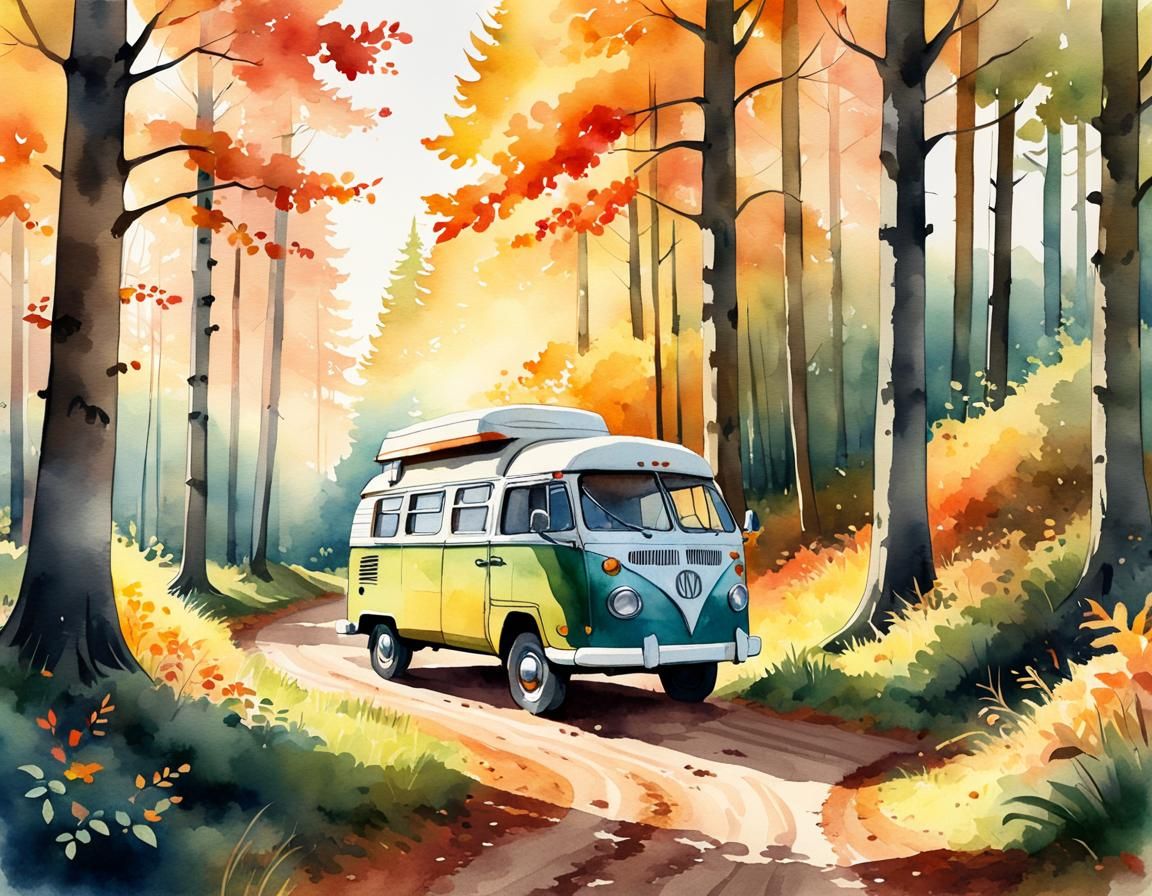 Vintage Camper Van in Sunny Autumn Forest: Watercolor