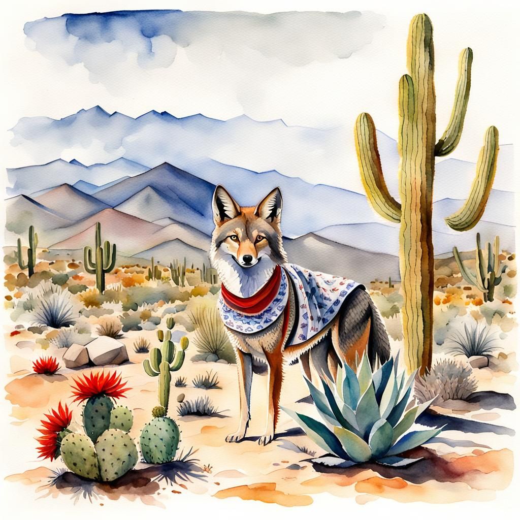 Coyote Plays: Watercolor Desert Scene with Indigenous Family