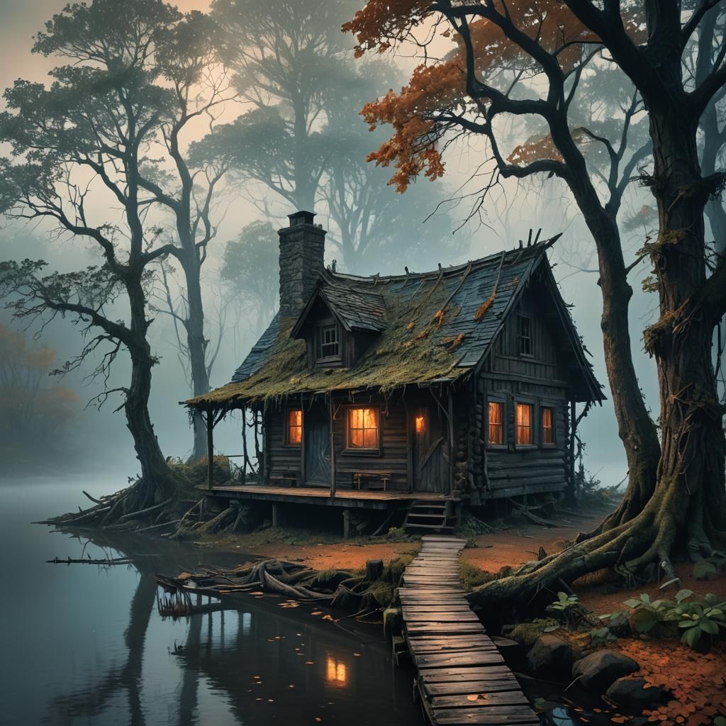 Ominous Lakeside Cabin in Dark Fantasy Style