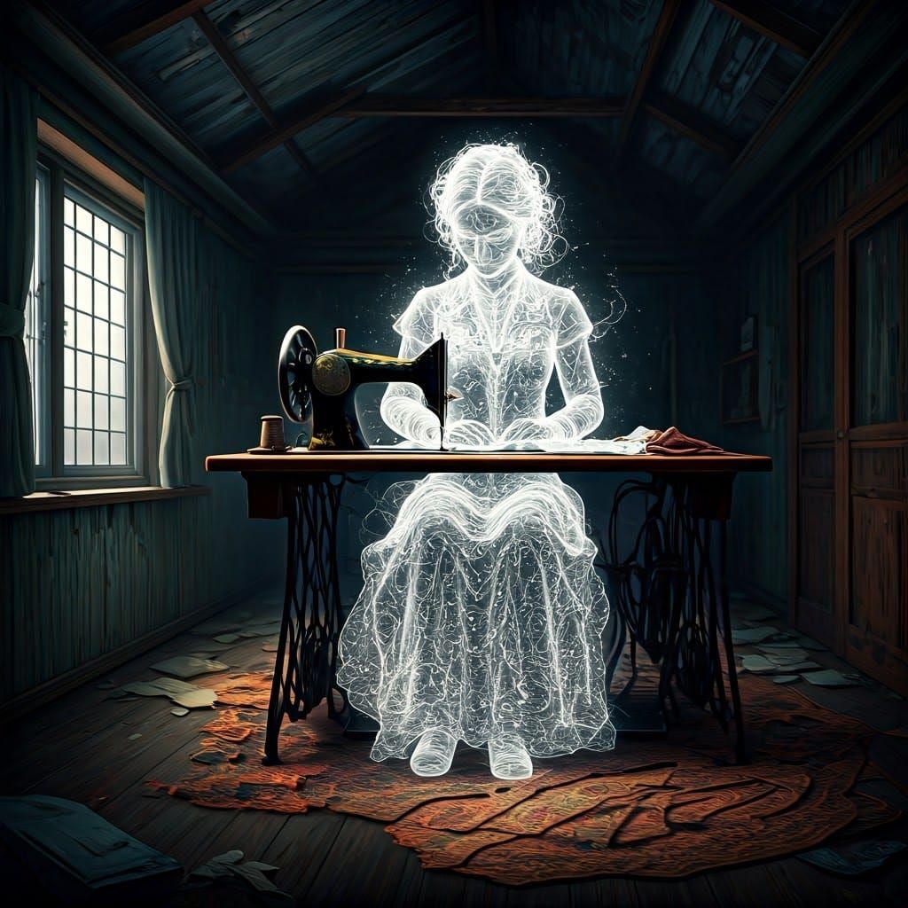 Ethereal Light Fractal Woman Tailor in Abandoned House