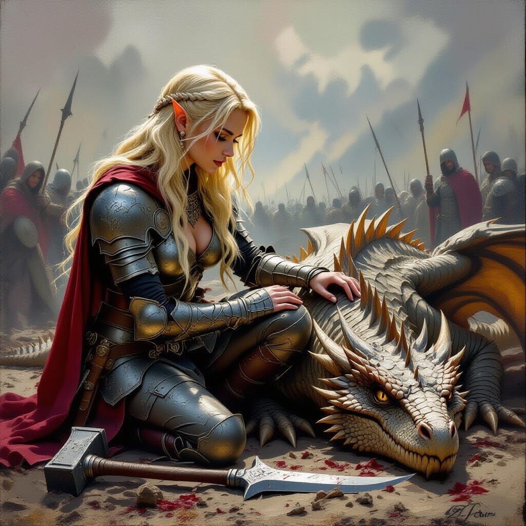 Elf Knight Shows Compassion to Injured Dragon in Tenebrism O...