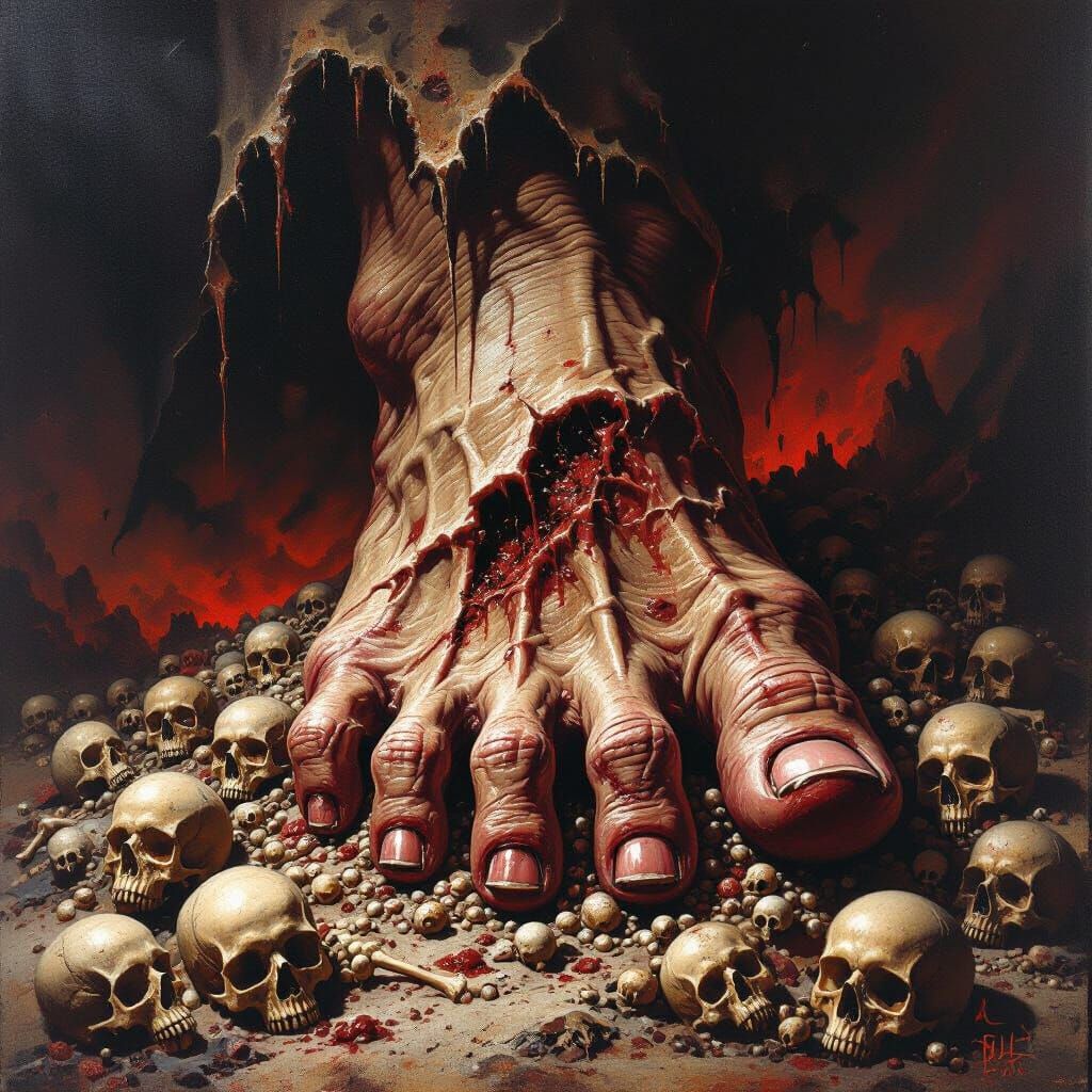 Monstrous Foot Crushing Bones in Dark Oil Painting
